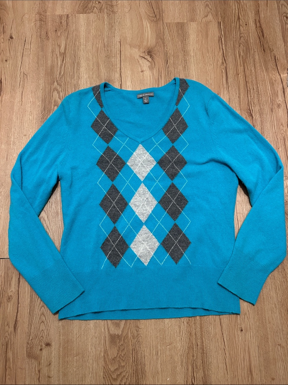 Apt. 9 XL Turquoise V-Neck 100% Cashmere Argyle Sweater with Gray Diamonds